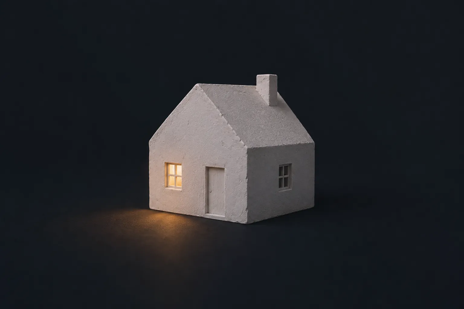 A small plaster house at night, one window lit warm from inside.