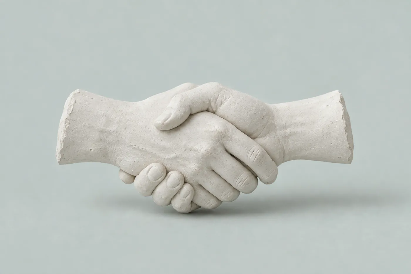 Two plaster hands meeting in a handshake.