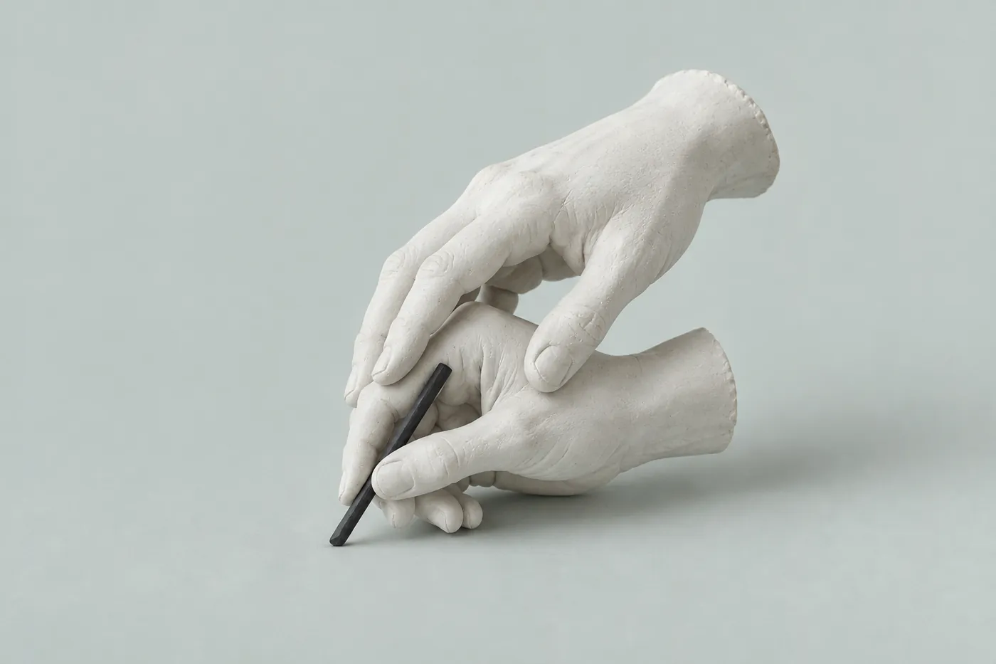 Two plaster hands: a larger one lightly guiding a smaller one that holds a stick of charcoal.